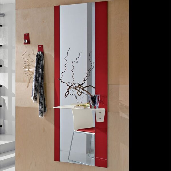 Mobile ingresso Lia La Primavera con pannello specchio, finiture in vetro laccato e mensola in cuoio.