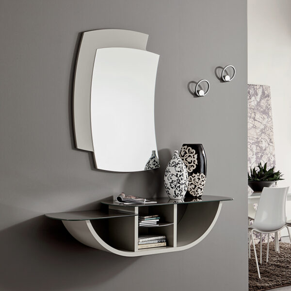 Mobile ingresso Gondola La Primavera, composizione 671, con consolle curva in finitura Ecru e specchio sagomato.