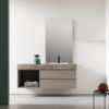 Compab BG004 - Mobile bagno design L.156cm, vista frontale, doppio lavabo integrato, finitura legno chiaro.