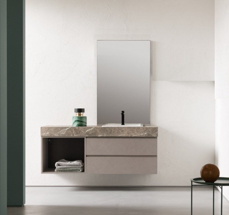 Compab BG004 - Mobile da bagno con Top design L.156 cm 1 Compab BG004 - Mobile bagno design L.156cm, vista frontale, doppio lavabo integrato, finitura legno chiaro.