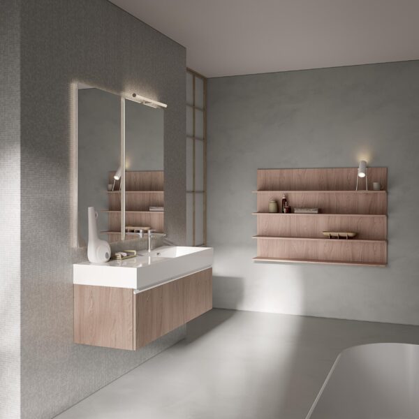 Mobile Bagno Compab BK02 - vista frontale, design moderno sospeso antracite e legno chiaro, lavabo integrato