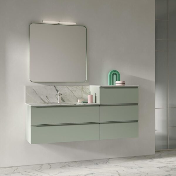 Mobile bagno COMPAB BK14: design moderno sospeso, vista frontale con lavabo integrato e cassetti effetto legno. Arredo bagno personalizzabile.