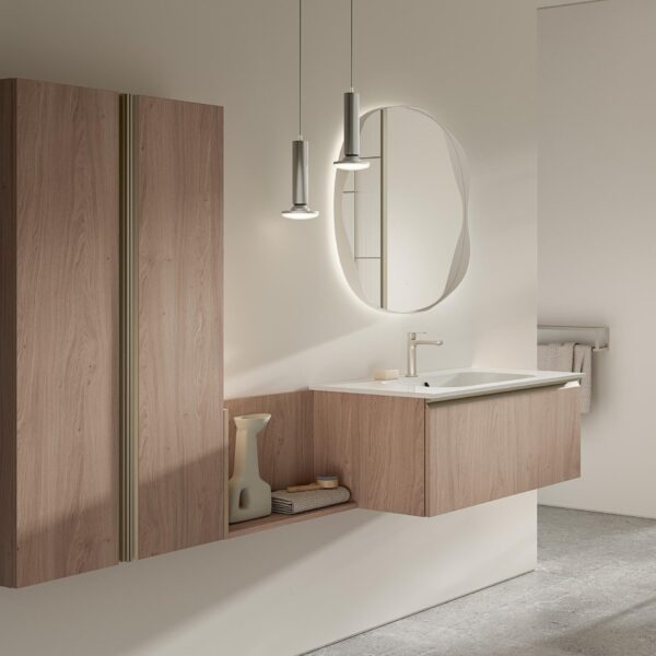 Mobile Bagno Compab BK15: design sospeso moderno, finitura crunchy. Vista frontale completa.
