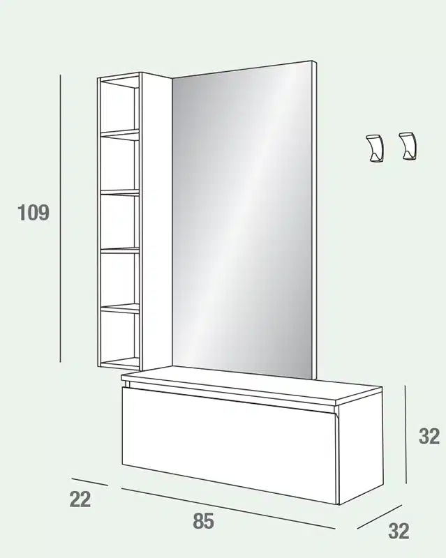 Stella - Mobile per ingresso con specchiera, libreria e cassetto comp. 630