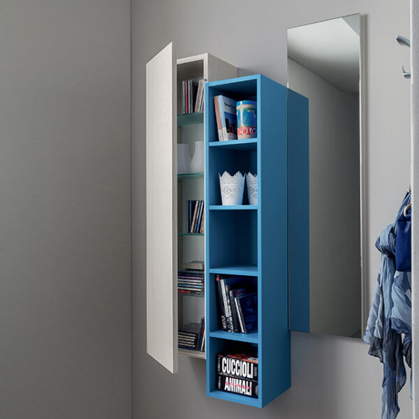 Mobile ingresso moderno componibile Stella 634, con libreria e specchio blu e pensile gessato bianco.