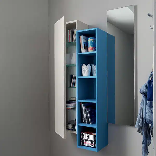 Mobile ingresso moderno componibile Stella 634, con libreria e specchio blu e pensile gessato bianco.