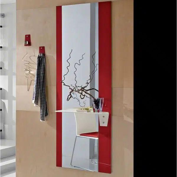 Mobile ingresso Lia La Primavera con pannello specchio, finiture in vetro laccato e mensola in cuoio.