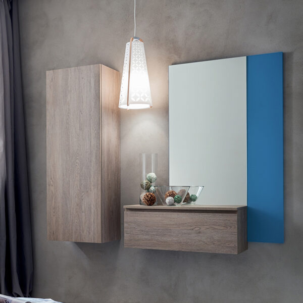 Mobile ingresso con armadio e specchio Stella 632, finitura gessato grigio e pannello blu.