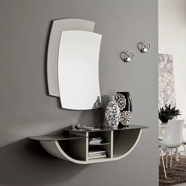 Mobile ingresso Gondola La Primavera, composizione 671, con consolle curva in finitura Ecru e specchio sagomato.