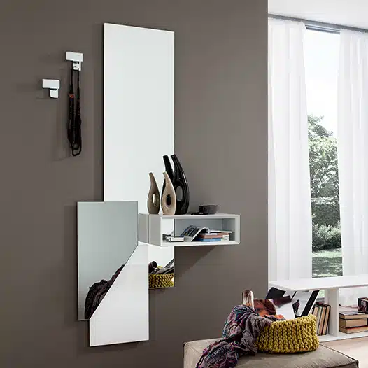 Home 7 Mobile da ingresso moderno sospeso Lego 601 in finitura Bianco Opaco con specchiera e appendiabiti.