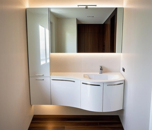 Arredo bagno moderno con terminali curvi salvaspazio e piano Top Jolly con lavabo integrato in Mineralguss.