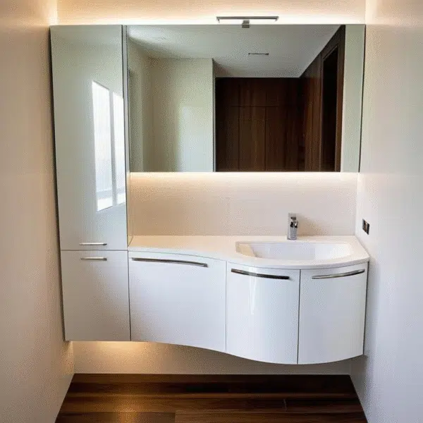 Home 11 Arredo bagno moderno con terminali curvi salvaspazio e piano Top Jolly con lavabo integrato in Mineralguss.