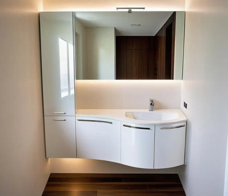 Arredo bagno moderno con terminali curvi salvaspazio e piano Top Jolly con lavabo integrato in Mineralguss.