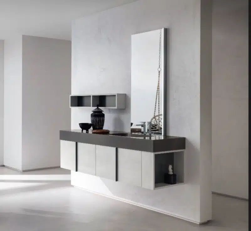 Compab B201 BD007 - Mobile bagno L 156 cm, vista laterale con cassetti estraibili. Design minimalista per arredo bagno.