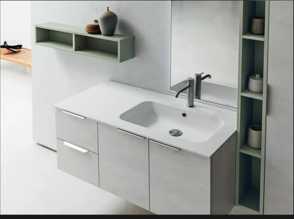 B201 BD008 - Mobile bagno COMPAB di design, profondità 51 cm. Dettaglio finitura legno e cassetto.