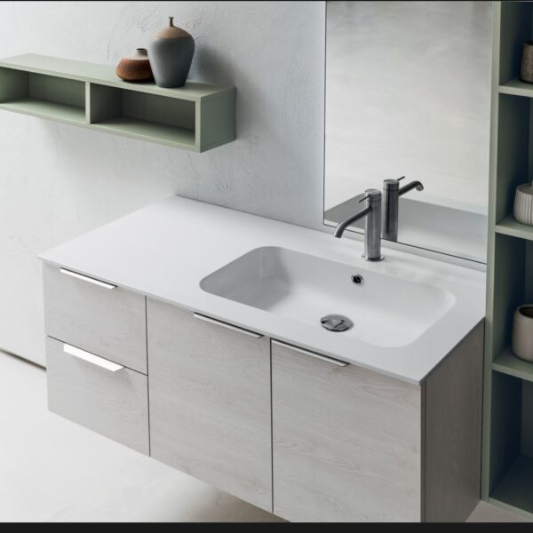 B201 BD008 - Mobile bagno COMPAB di design, profondità 51 cm. Dettaglio finitura legno e cassetto.