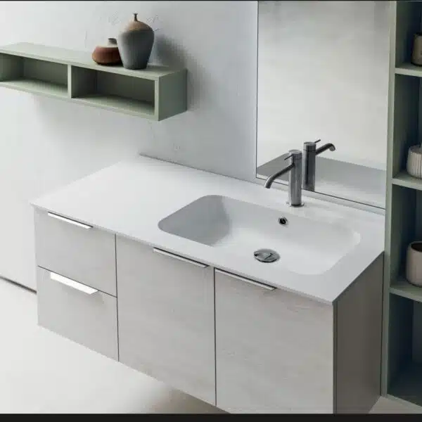 B201 BD008 - Mobile bagno COMPAB di design, profondità 51 cm. Dettaglio finitura legno e cassetto.