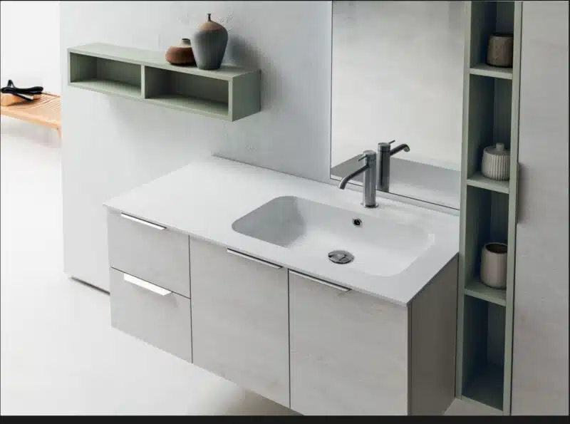 B201 BD008 - Mobile bagno COMPAB di design, profondità 51 cm. Dettaglio finitura legno e cassetto.