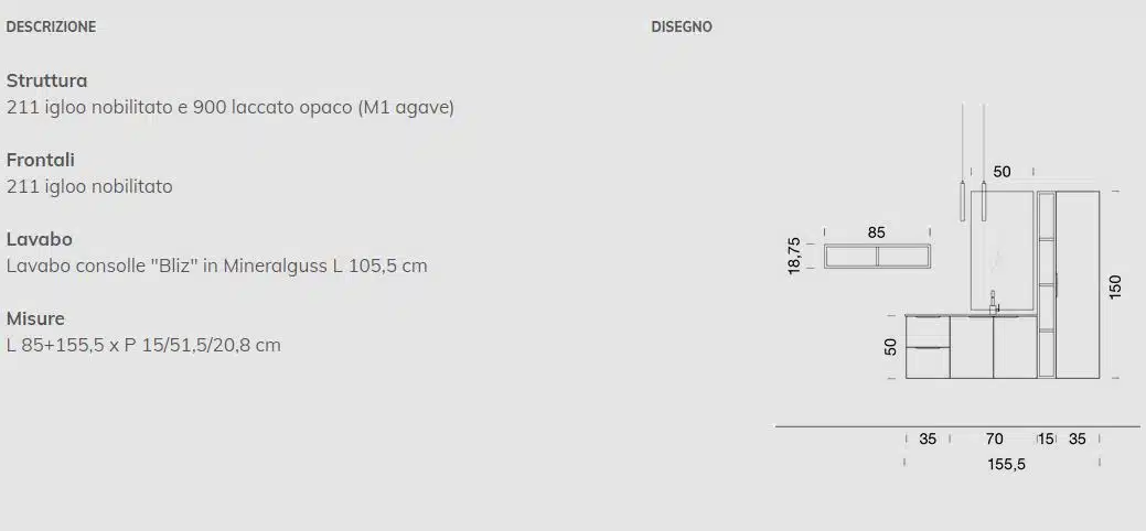 B201 BD008 - Mobile arredo bagno design L 156 x P 51 cm personalizzabile COMPAB 5 Scheda BD008