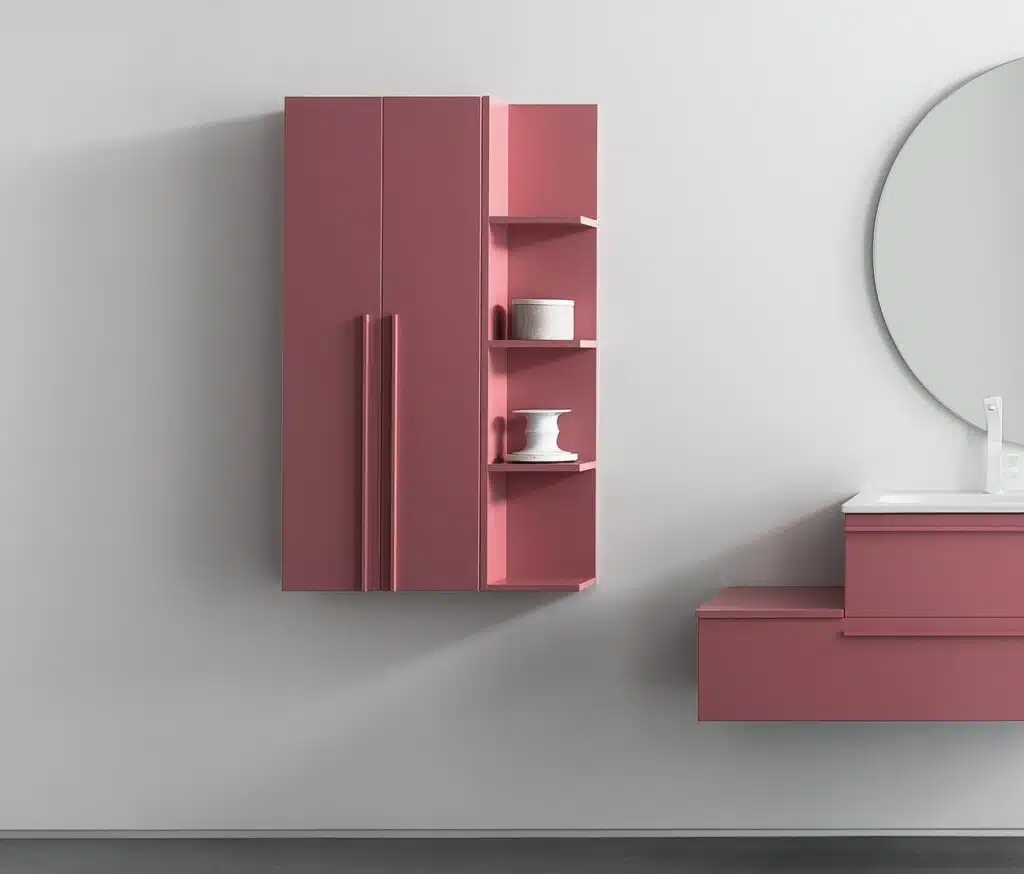 BD017 Mobile bagno design COMPAB, vista laterale con vani a giorno e top lavabo, soluzioni salvaspazio