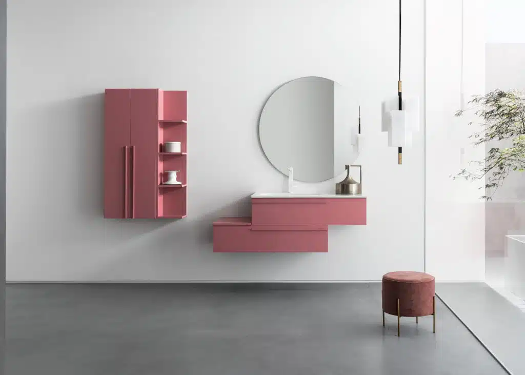 BD017 Mobile bagno design COMPAB, primo piano lavabo integrato e superficie, pulizia ed essenzialità