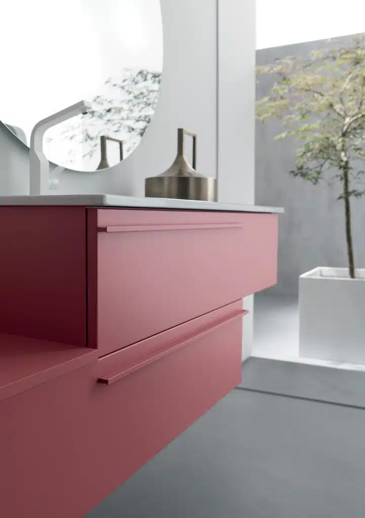 BD017 Mobile bagno design COMPAB L.141x51,5 cm, vista frontale lavabo integrato, finiture personalizzabili