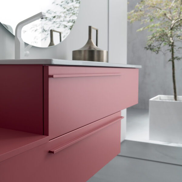 BD017 Mobile bagno design COMPAB L.141x51,5 cm, vista frontale lavabo integrato, finiture personalizzabili