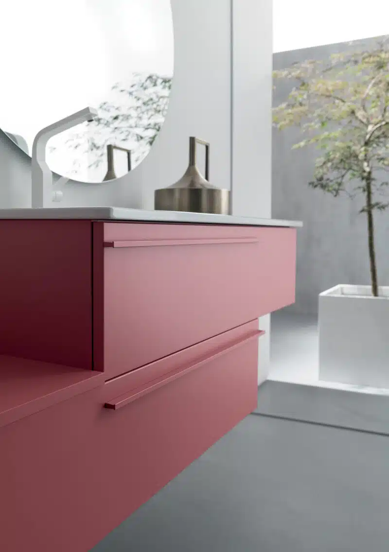 BD017 Mobile bagno design COMPAB L.141x51,5 cm, vista frontale lavabo integrato, finiture personalizzabili