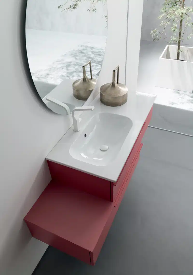 BD017 Mobile bagno design COMPAB, dettaglio frontale cassetti e maniglie integrate, texture materica