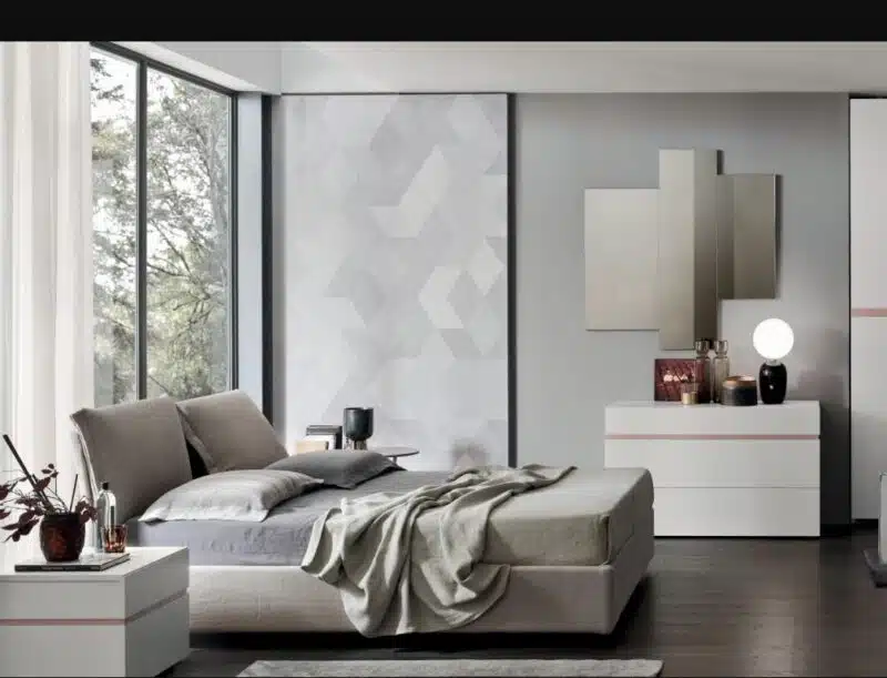 Letto Matrimoniale Lola Maronese: dettaglio testiera imbottita in tessuto, finiture di design.