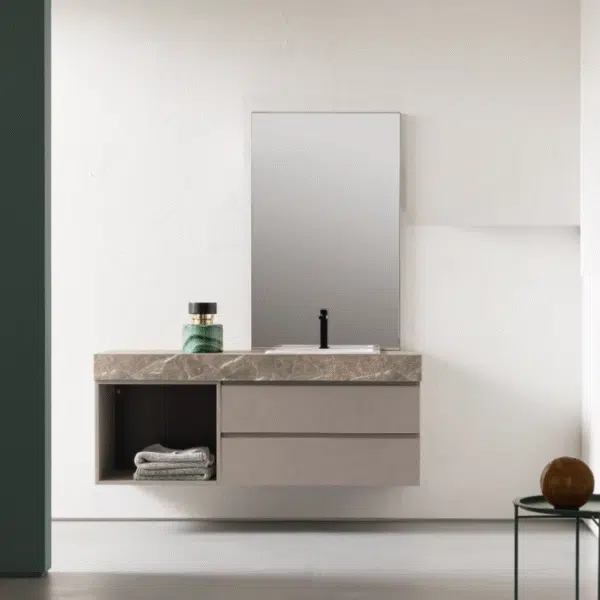 Compab BG004 - Mobile bagno design L.156cm, vista frontale, doppio lavabo integrato, finitura legno chiaro.