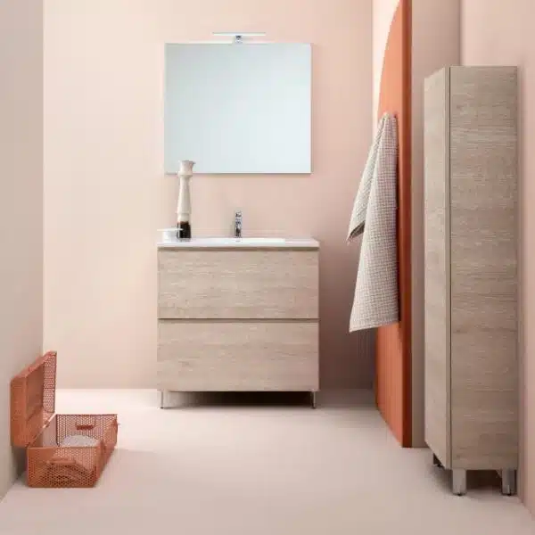 UP002 Mobile bagno design COMPAB L.86 a terra – vista frontale, lavabo integrato, finitura legno.