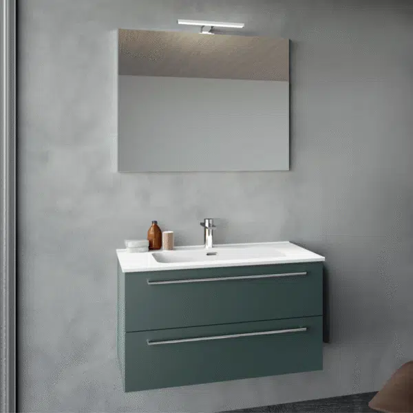 Mobile Bagno Completo Baxar Slim – lavabo ceramica e specchio LED, vista frontale in ambiente moderno