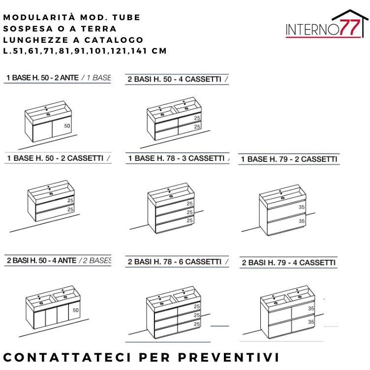 Tube P.46 x L.61 Mobile Bagno Design a Terra a 3 Cassetti con Lavabo in Ceramica 10 Modularita serie tube sospesa o a terra 2