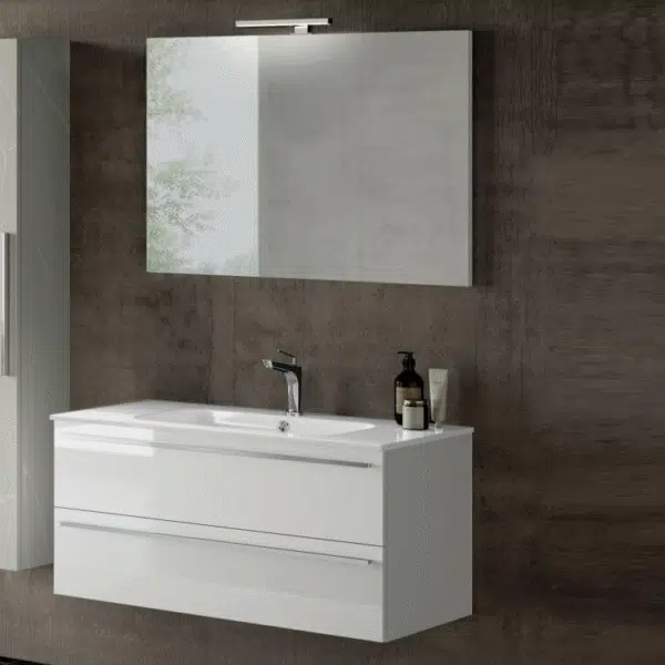 Mobile Bagno Completo Slim Baxar - Design Moderno Made in Italy: vista frontale, lavabo integrato, finitura legno chiaro