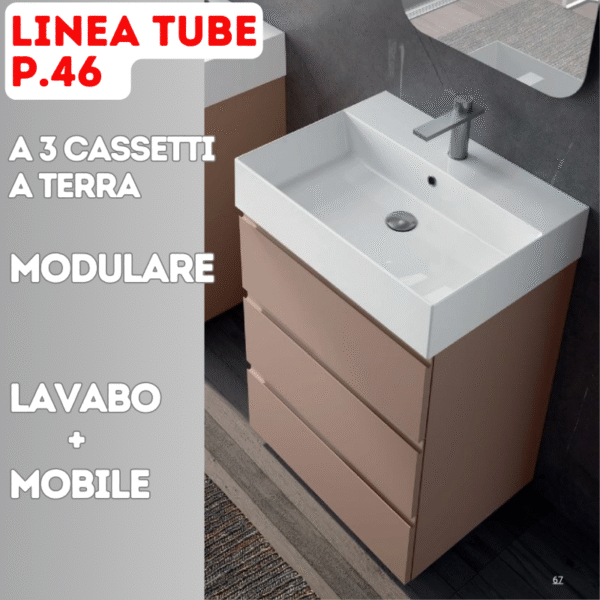 Tube P.46 x L.61 Mobile Bagno Design a Terra a 3 Cassetti con Lavabo in Ceramica