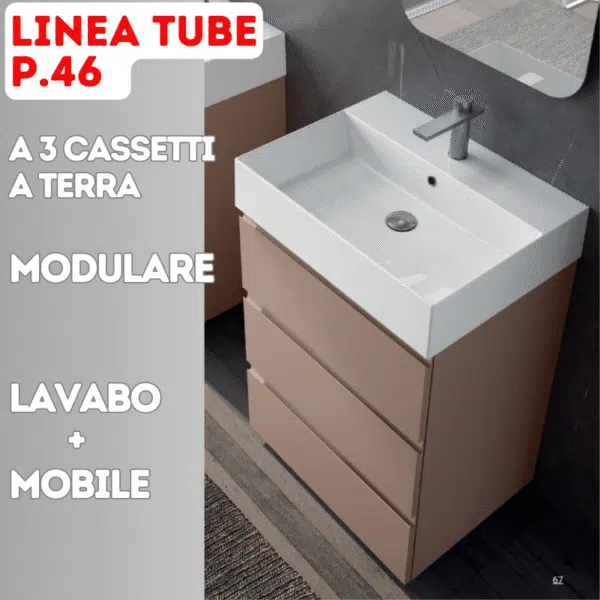 Tube P.46 x L.61 mobile bagno a terra 3 cassetti con lavabo ceramica - vista frontale, design moderno