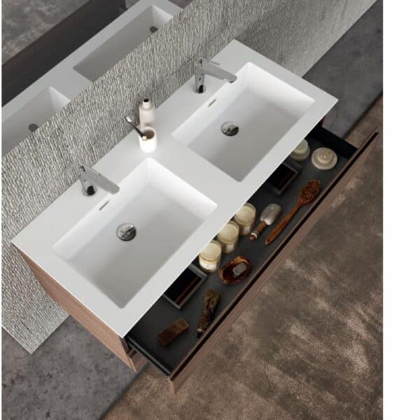 Dettaglio cassetto mobile bagno Syntesi L.121 cm - Baxar Design, finitura legno rovere, maniglia integrata, alta qualità