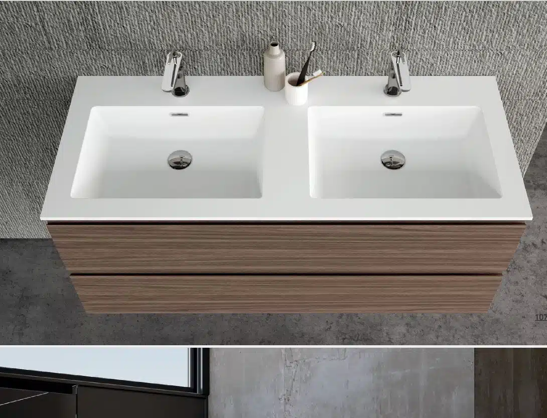Syntesi L.121 cm - Baxar Design, mobile bagno doppio lavabo, frontale con cassettoni rovere, specchio e illuminazione LED