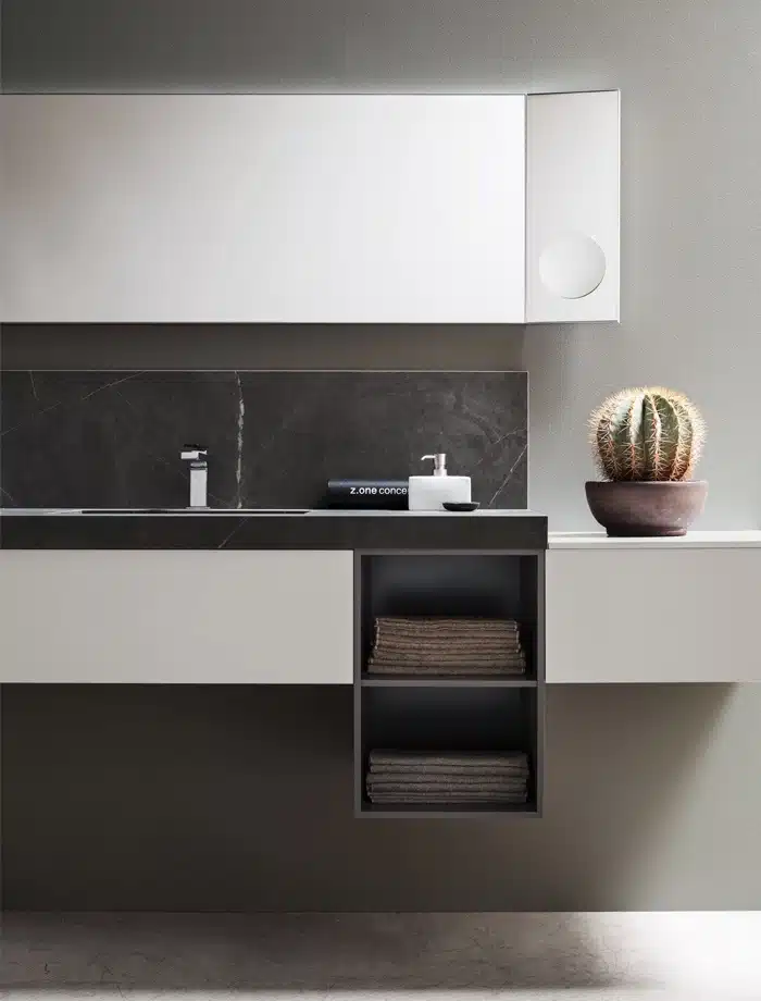 Arcom Pollock 67 - mobile bagno moderno, dettaglio del lavabo in ceramica bianca e miscelatore di design