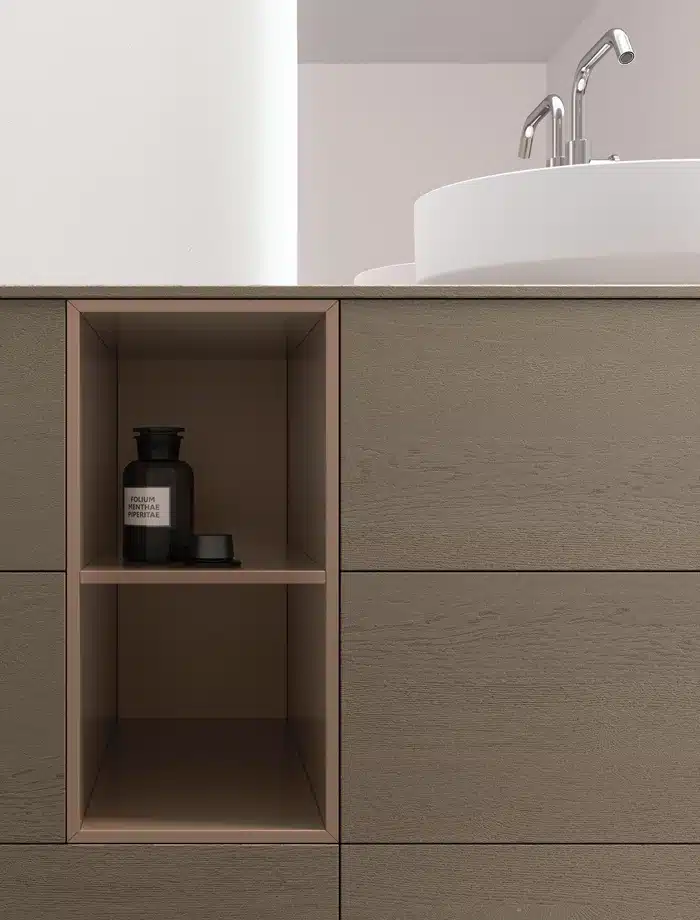 Mobile Bagno Arcom Pollock 73: dettaglio maniglia integrata, finitura opaca, design elegante
