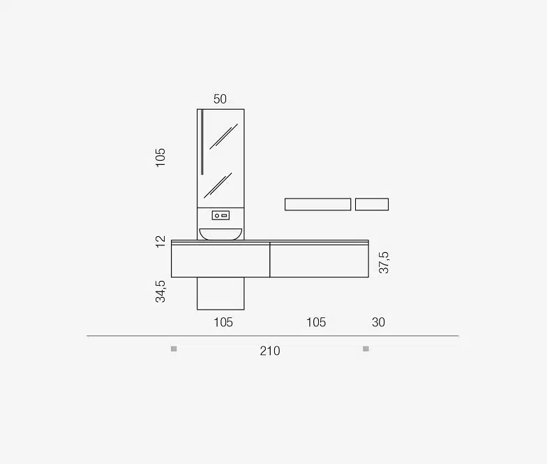 Schizzo tecnico mobile bagno Arcom Soul 10, dimensioni e design moderno funzionale.