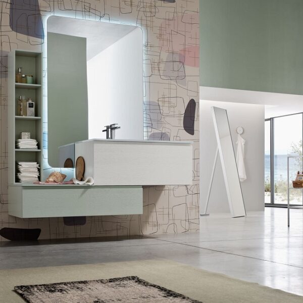 Arcom Soul 13: ambientazione bagno moderno, arredo minimal, spazio contenitivo ottimizzato
