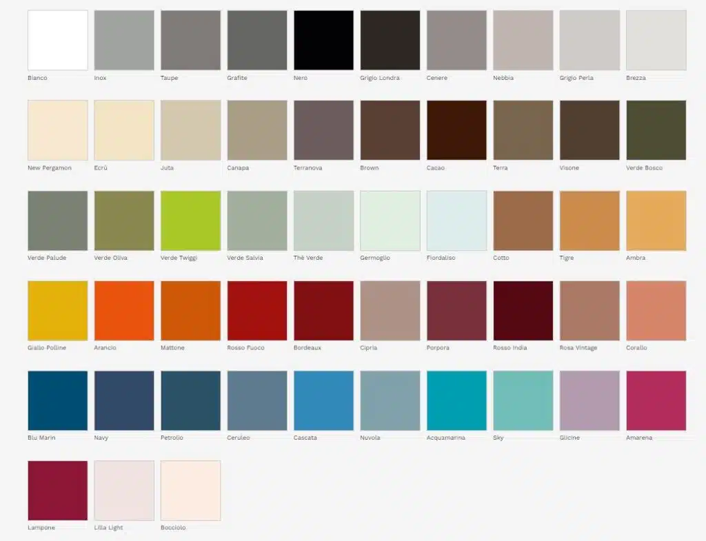 Campioni colori Arcom Soul 10: Bianco, grigio, marrone, verde, giallo, rosso, blu. Design moderno.