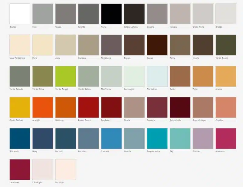 Campioni colori Arcom Soul 10: Bianco, grigio, marrone, verde, giallo, rosso, blu. Design moderno.