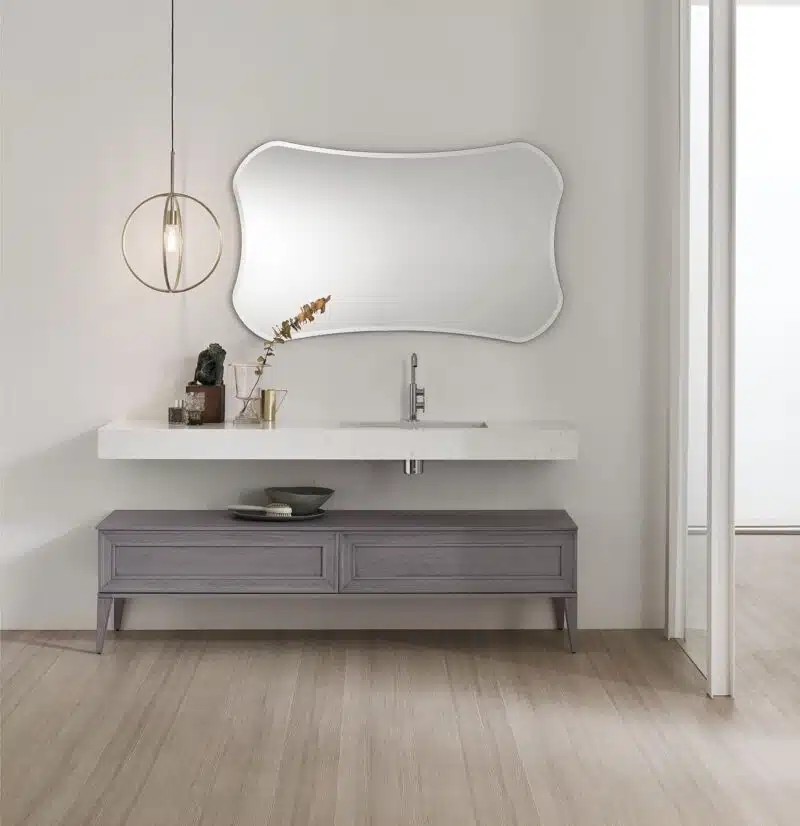 Mobile Bagno Opera 01 ARCOM - design italiano, vista frontale completa con lavabo e specchio, arredamento classico moderno.
