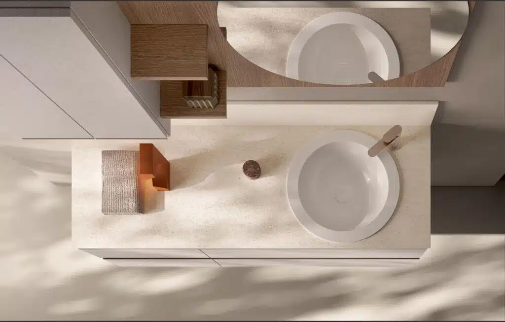 Mobile Bagno Sospeso Compab IP04 - dettaglio lavabo integrato, finitura opaca, design pulito