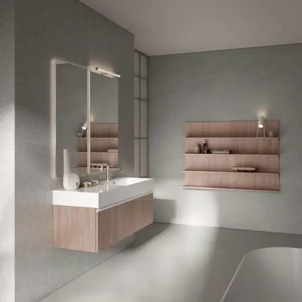Mobile Bagno Compab BK02 - vista frontale, design moderno sospeso antracite e legno chiaro, lavabo integrato