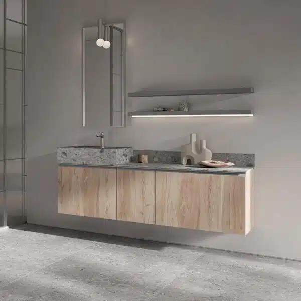 Mobile Bagno Sospeso COMPAB BK06: vista frontale, design moderno, finitura legno chiaro, doppio lavabo