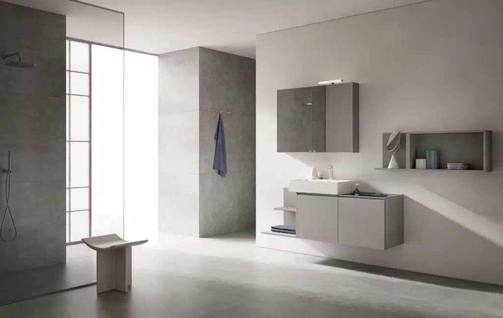 Compab BK12 - Mobile bagno sospeso personalizzabile, dettaglio frontale cassetti con maniglia a gola, stile minimal